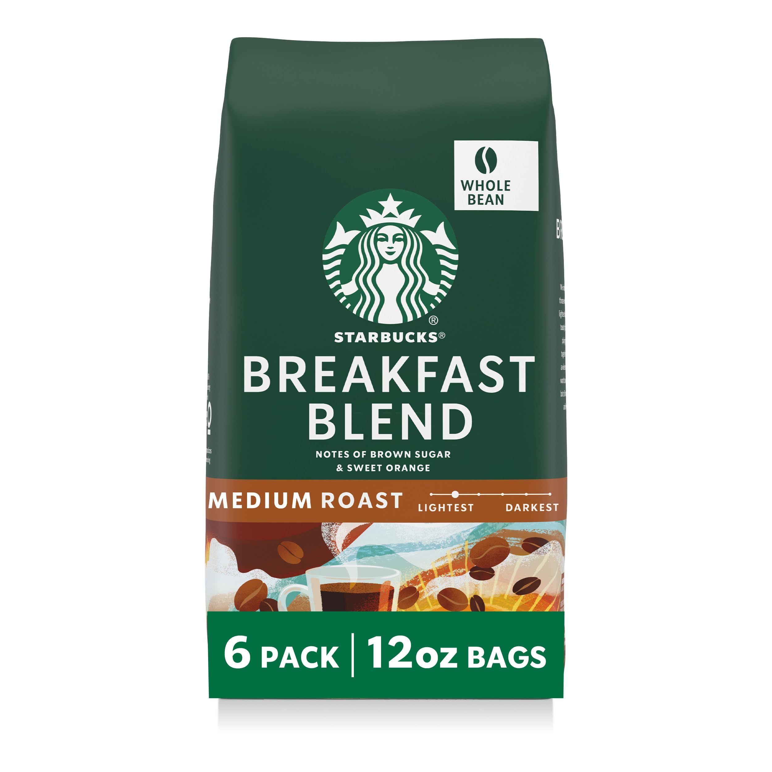 Starbucks Breakfast Blend coffee beans with smooth, approachable flavor.