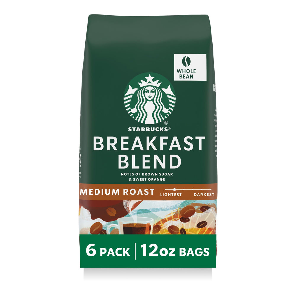 Starbucks Breakfast Blend coffee beans with smooth, approachable flavor.