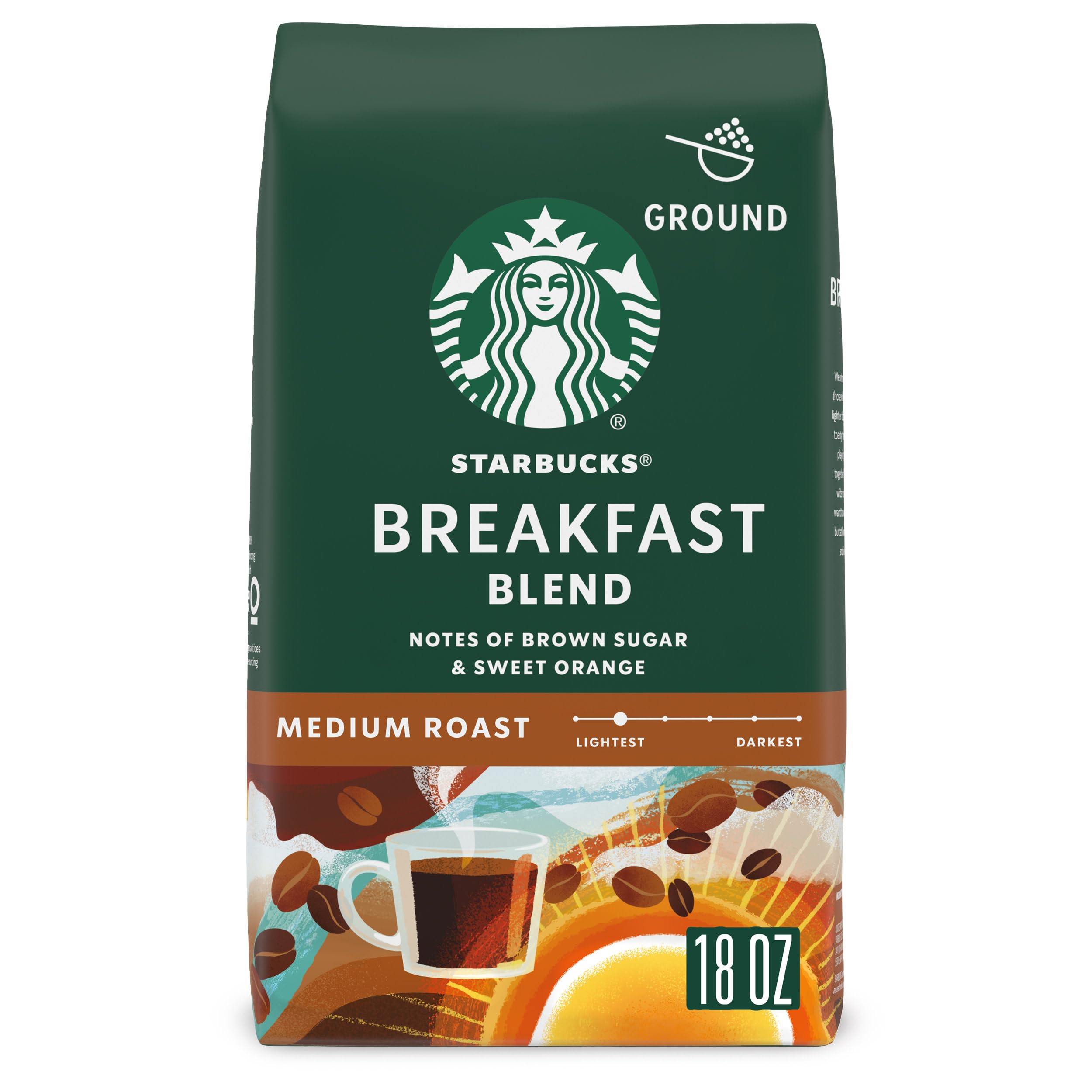 Starbucks Breakfast Blend ground coffee 18oz offers a balanced, approachable start to your day.