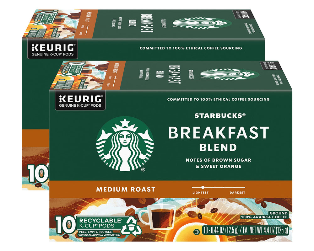 Starbucks Breakfast Blend K-Cup pods in a two-box pack for quick, convenient mornings.