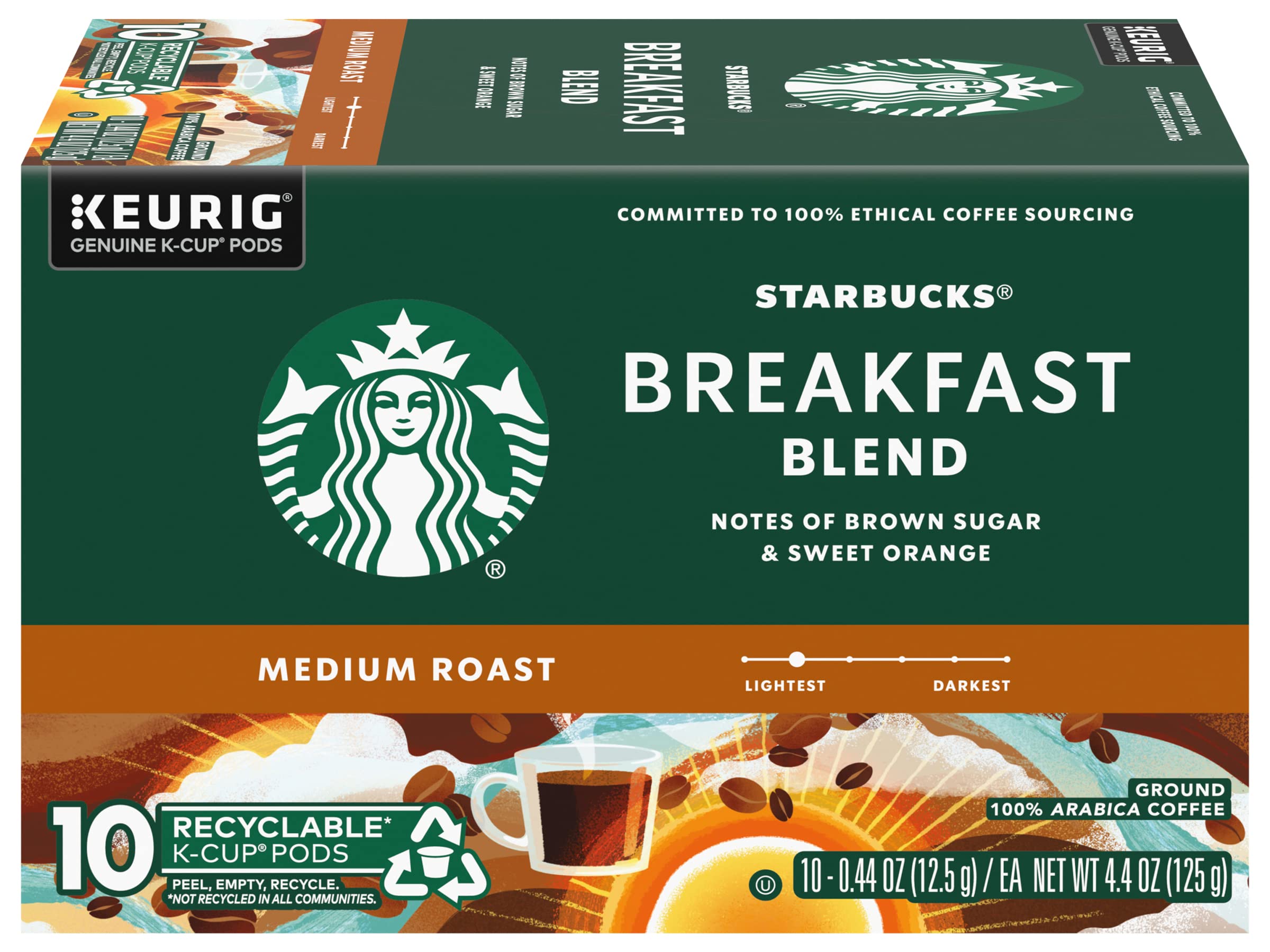 Starbucks Breakfast Blend K-Cup pods brewing a smooth, balanced cup in seconds.