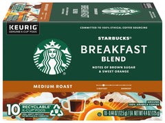 Starbucks Breakfast Blend K-Cup pods brewing a smooth, balanced cup in seconds.