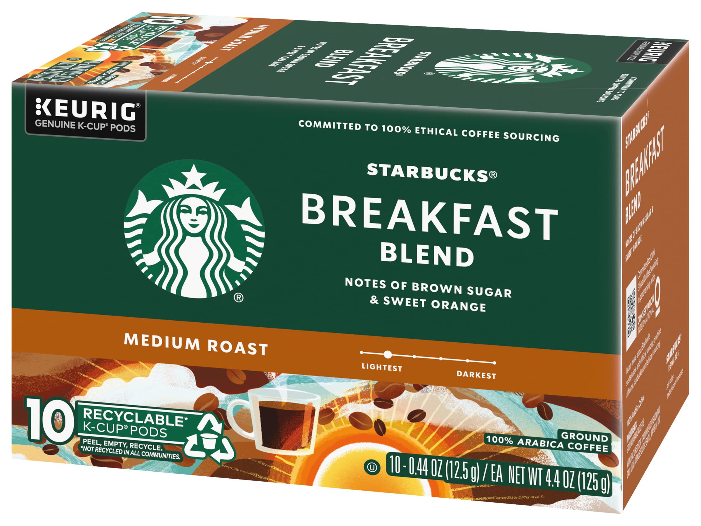 Starbucks Breakfast Blend K-Cup pods close-up with branded label and foil seal.