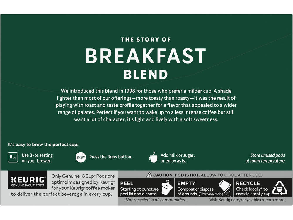 Starbucks Breakfast Blend K-Cup pods releasing steam over a prepared cup.