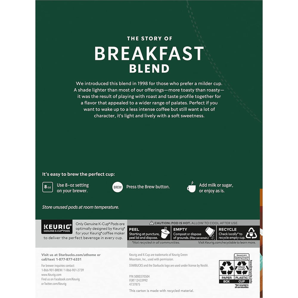 Starbucks Breakfast Blend ready in Keurig brewer for quick coffee breaks