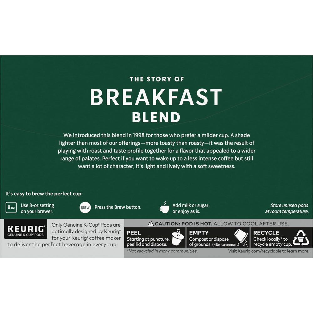 Starbucks Breakfast Blend pod storage in cool, dry cabinet for freshness