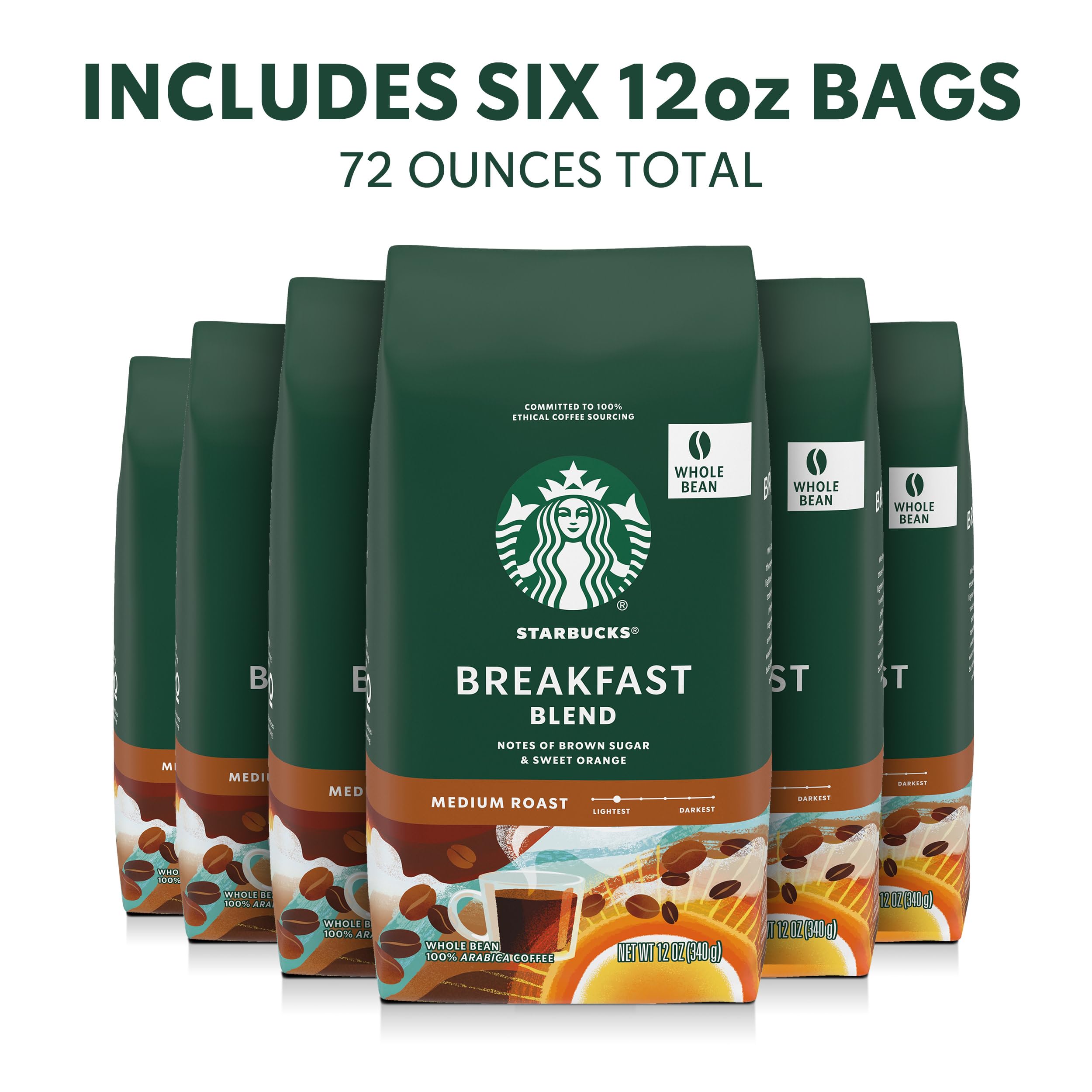 Six-bag pack of Starbucks Breakfast Blend whole bean coffee.