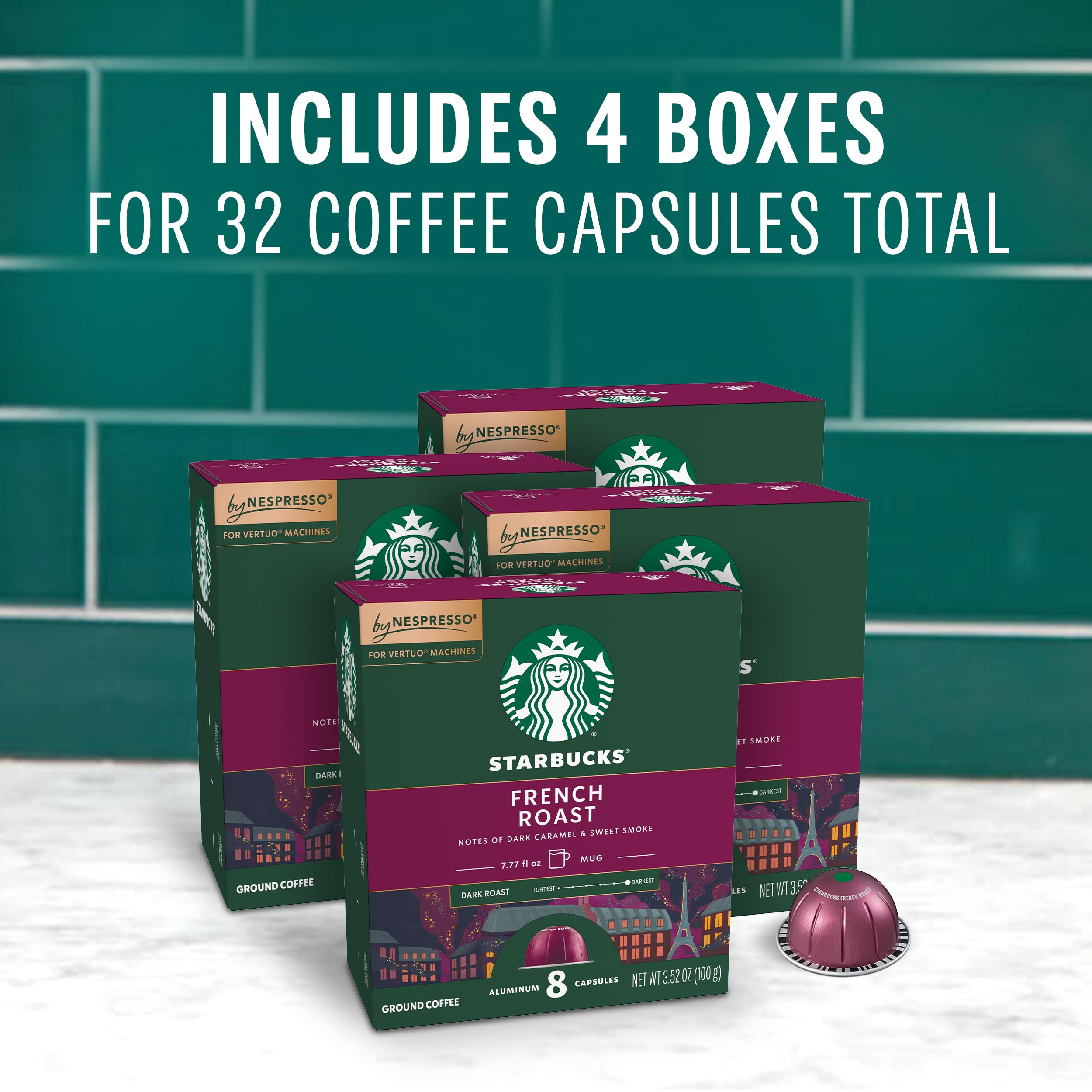 Roasty aroma notes of caramel and smoke from Starbucks Vertuo French Roast capsules.