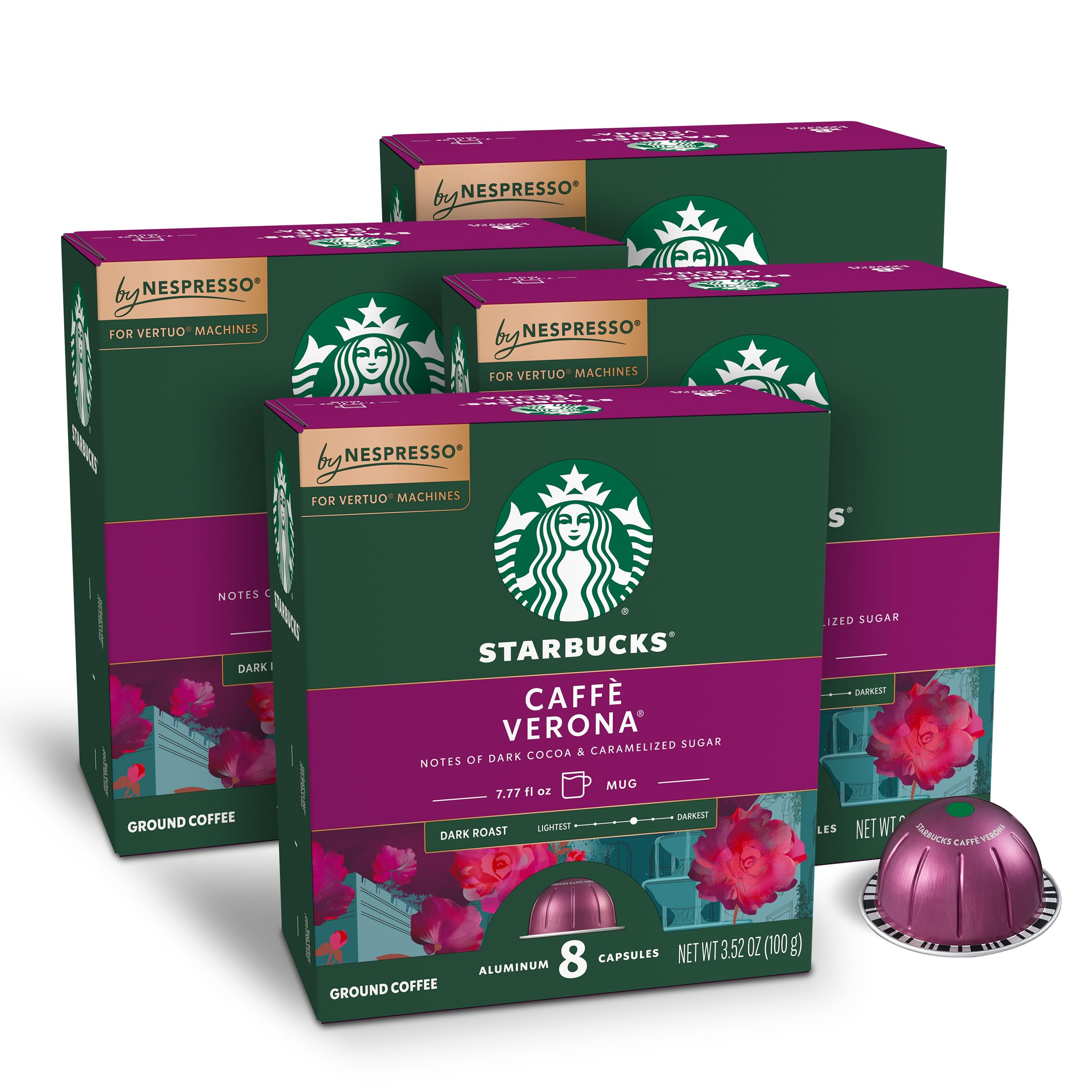 Starbucks Caffè Verona dark roast capsules in a box, ready for Vertuo brewing at home.