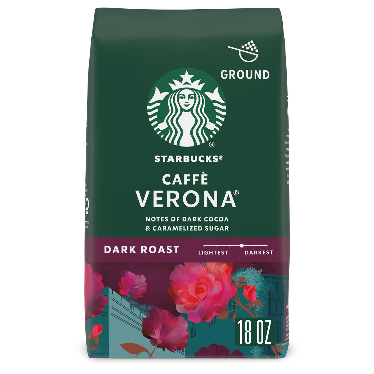 Starbucks Caffè Verona dark roast ground coffee bag for rich home-brewed coffee.