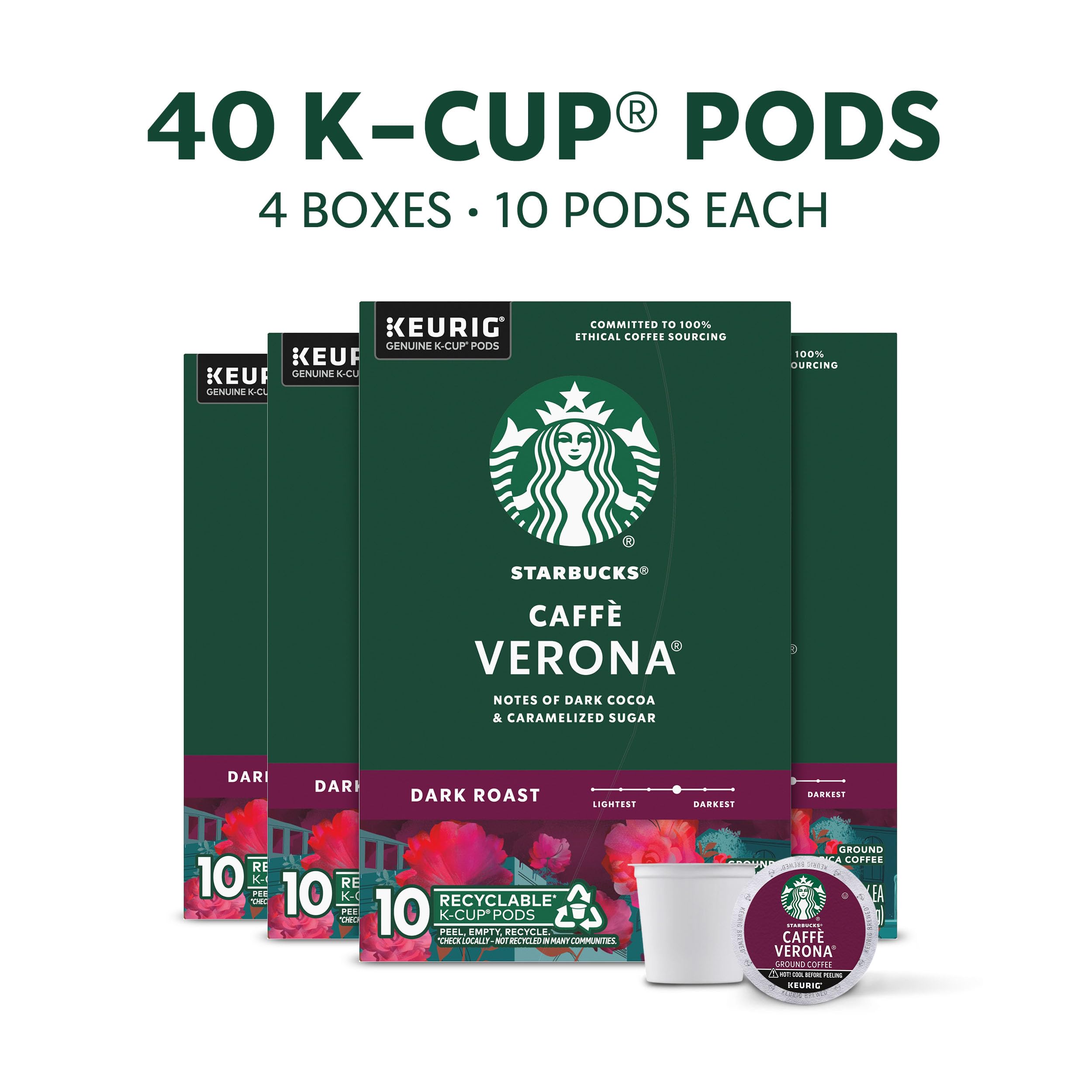 Starbucks Verona dark roast K-Cup pods close-up with caramel sweetness hints.
