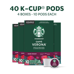 Starbucks Verona dark roast K-Cup pods close-up with caramel sweetness hints.