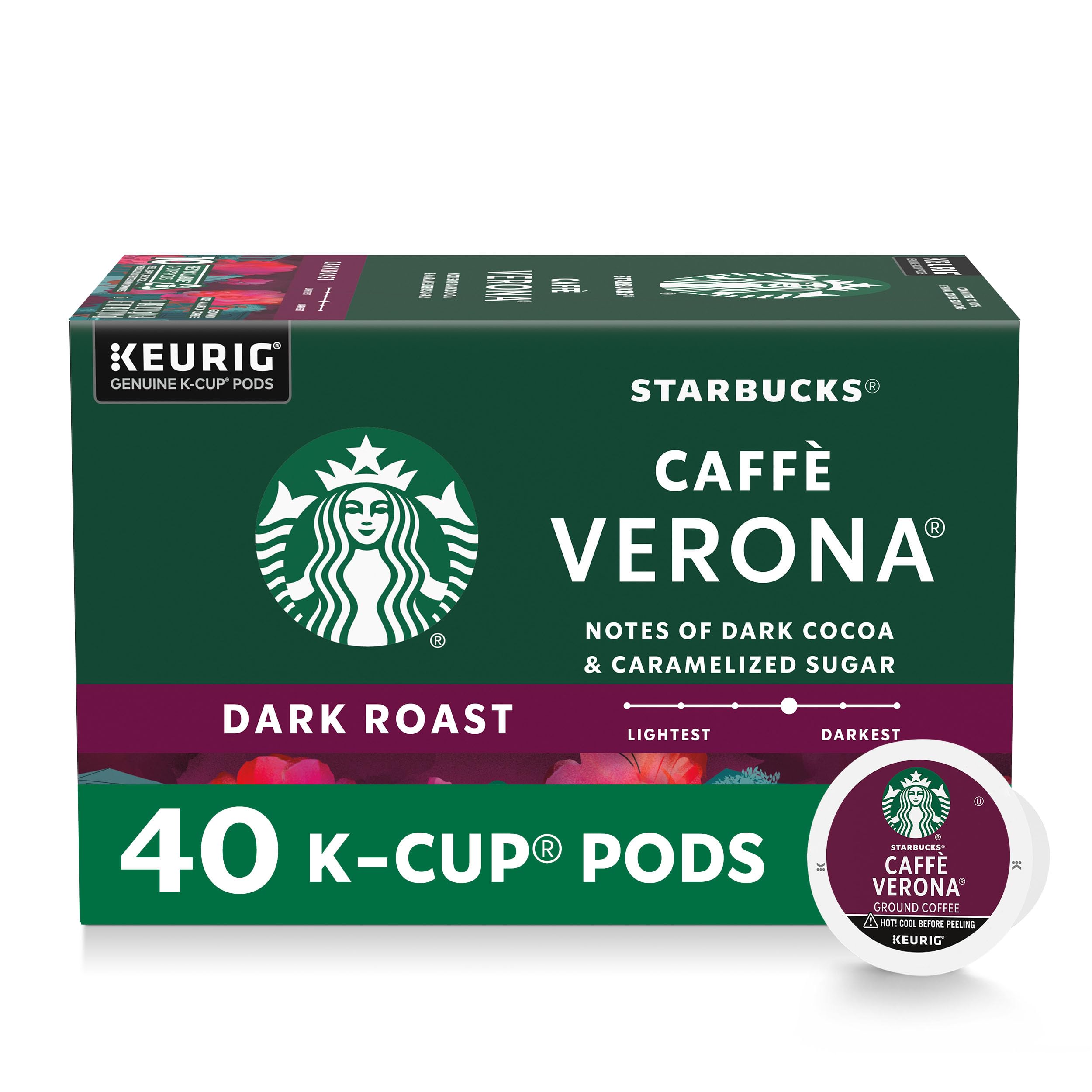 Starbucks Caffè Verona dark roast K-Cup pod pack highlighting rich cocoa notes.