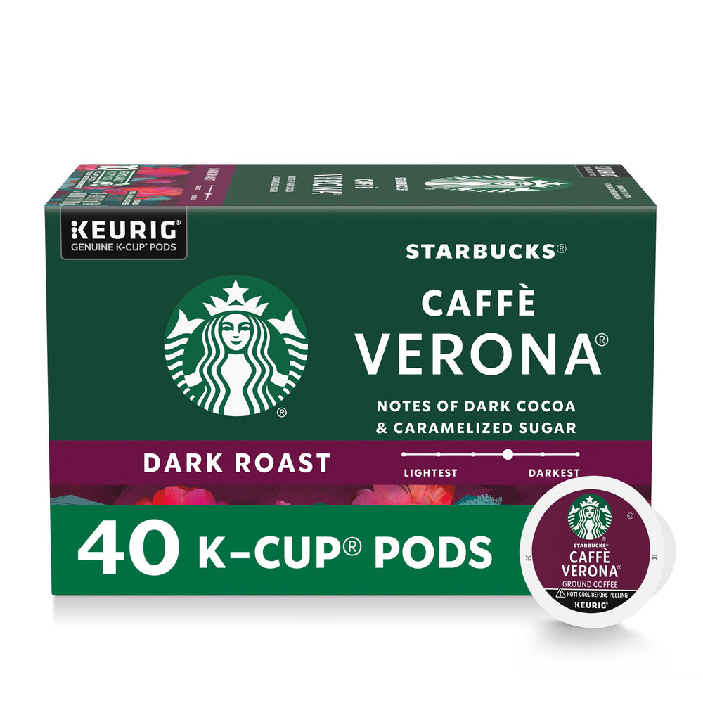 Starbucks Caffè Verona dark roast K-Cup pod pack highlighting rich cocoa notes.