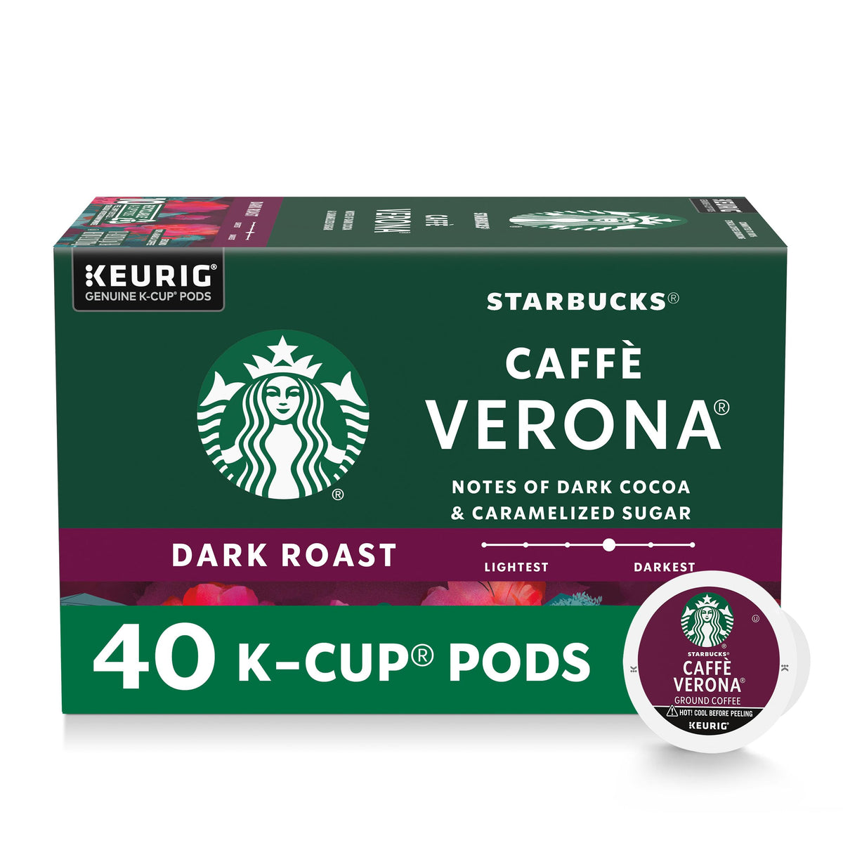 Starbucks Caffè Verona dark roast K-Cup pod pack highlighting rich cocoa notes.