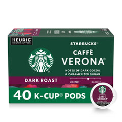 Starbucks Caffè Verona dark roast K-Cup pod pack highlighting rich cocoa notes.