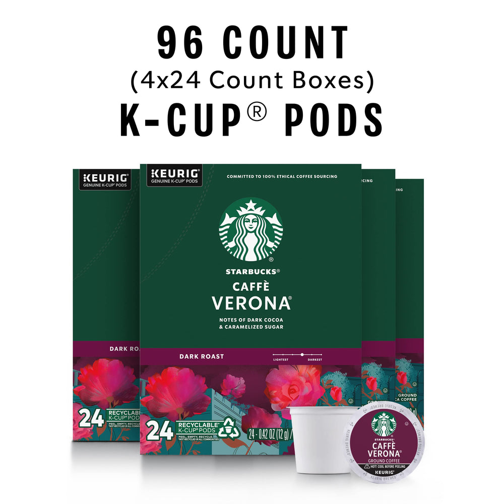 Starbucks Caffè Verona dark roast pod close-up showcases convenient single-serve brewing.