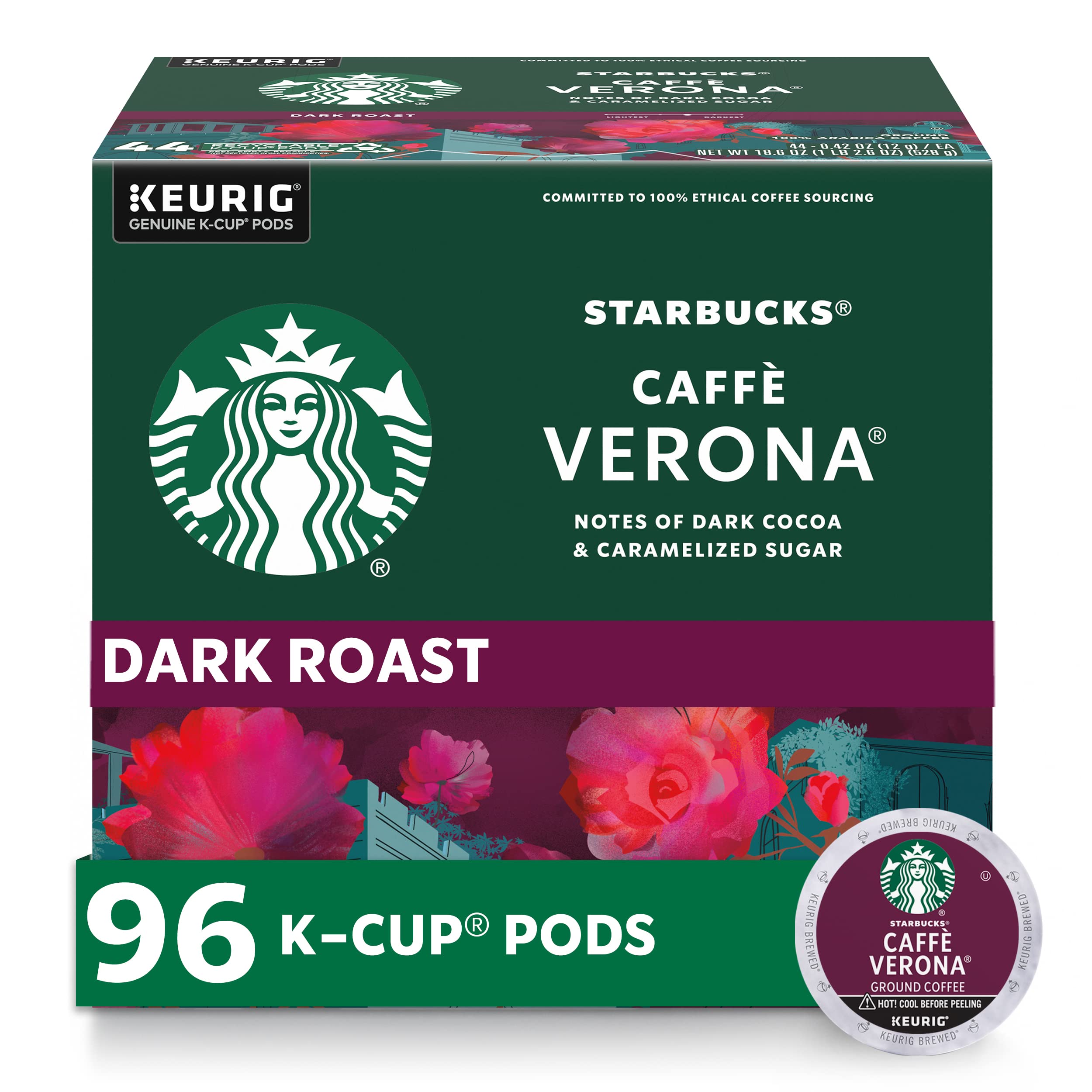 Starbucks Caffè Verona dark roast pod packaging close-up for easy at-home brewing.
