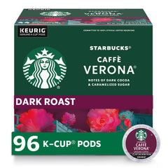 Starbucks Caffè Verona dark roast pod packaging close-up for easy at-home brewing.