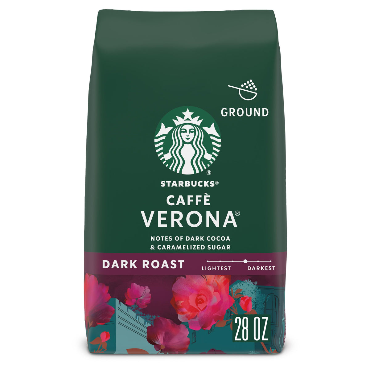 Starbucks Caffè Verona ground coffee bag ready for home use with versatile brewing.
