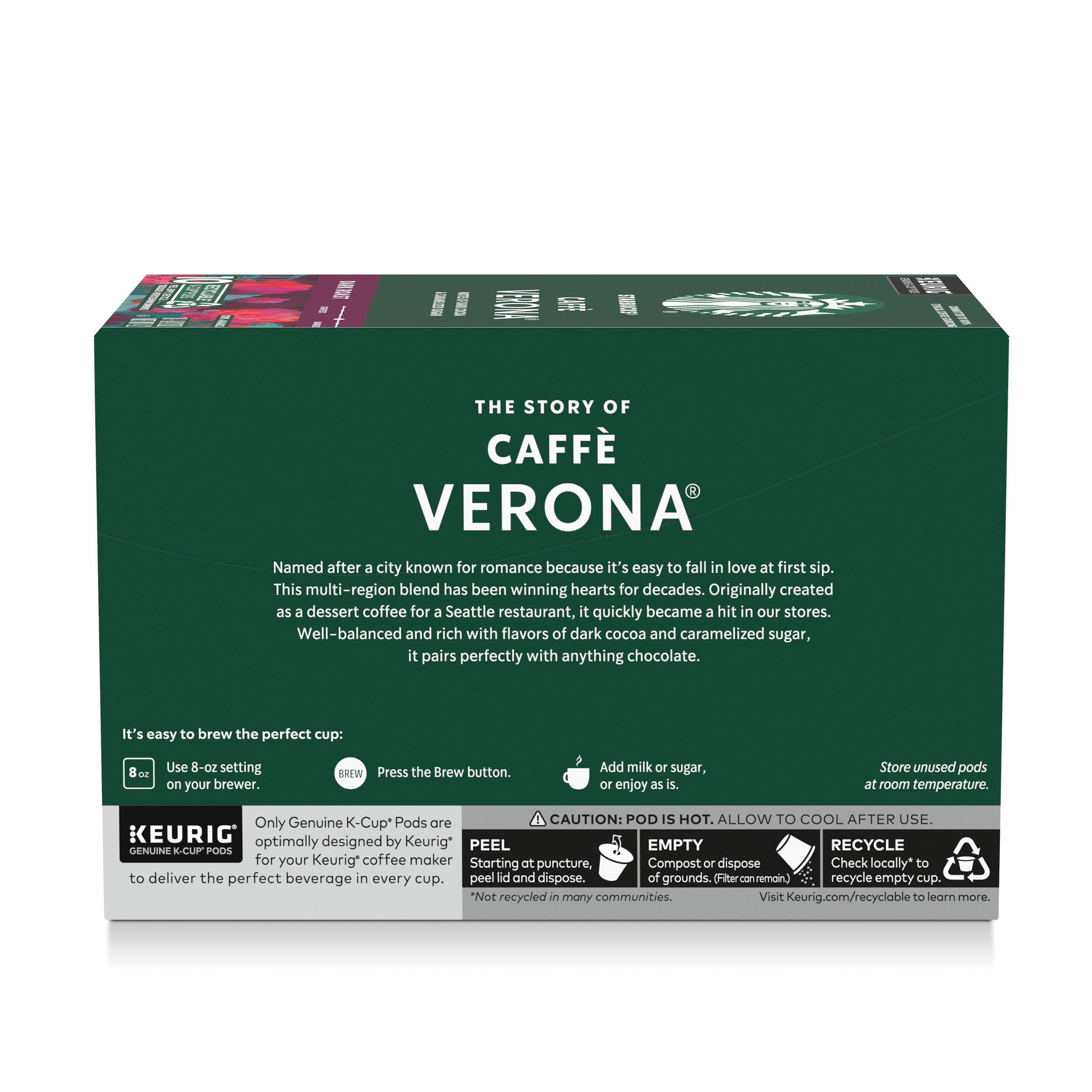 Starbucks Caffè Verona K-Cup pods in front of Keurig brewer.