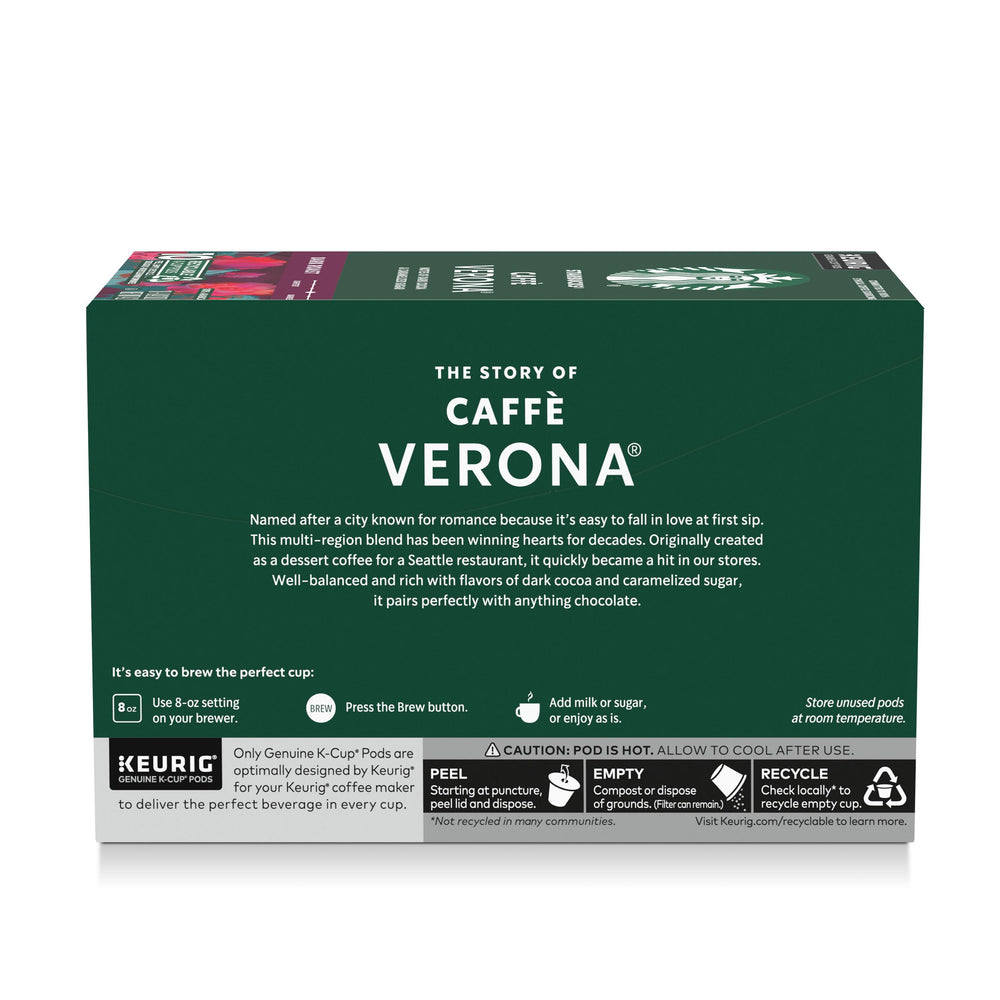 Starbucks Caffè Verona K-Cup pods in front of Keurig brewer.
