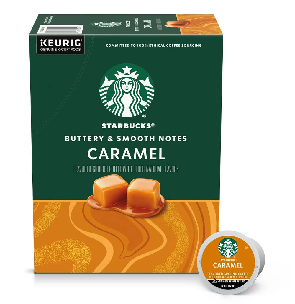Starbucks Caramel Flavored Coffee K-Cup 44ct packaging on shelf for quick daily brews.