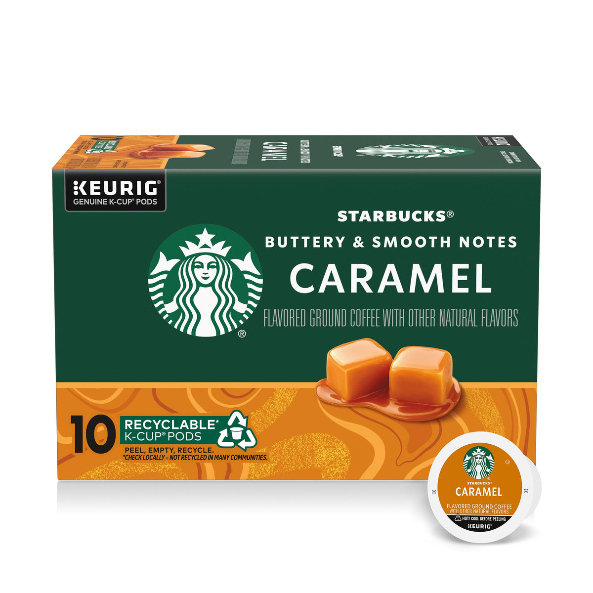 Starbucks caramel flavored K-Cup pods box ready for home brewing.