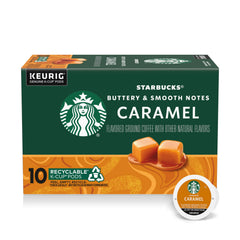 Starbucks caramel flavored K-Cup pods box ready for home brewing.