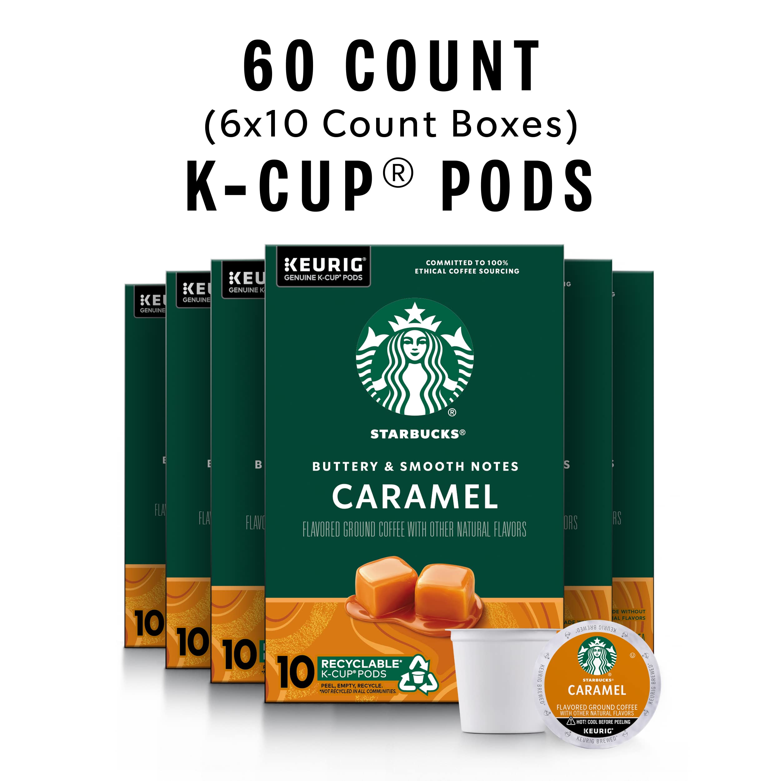 Starbucks Caramel Flavored K-Cup pod hot coffee close-up highlights balanced sweetness.