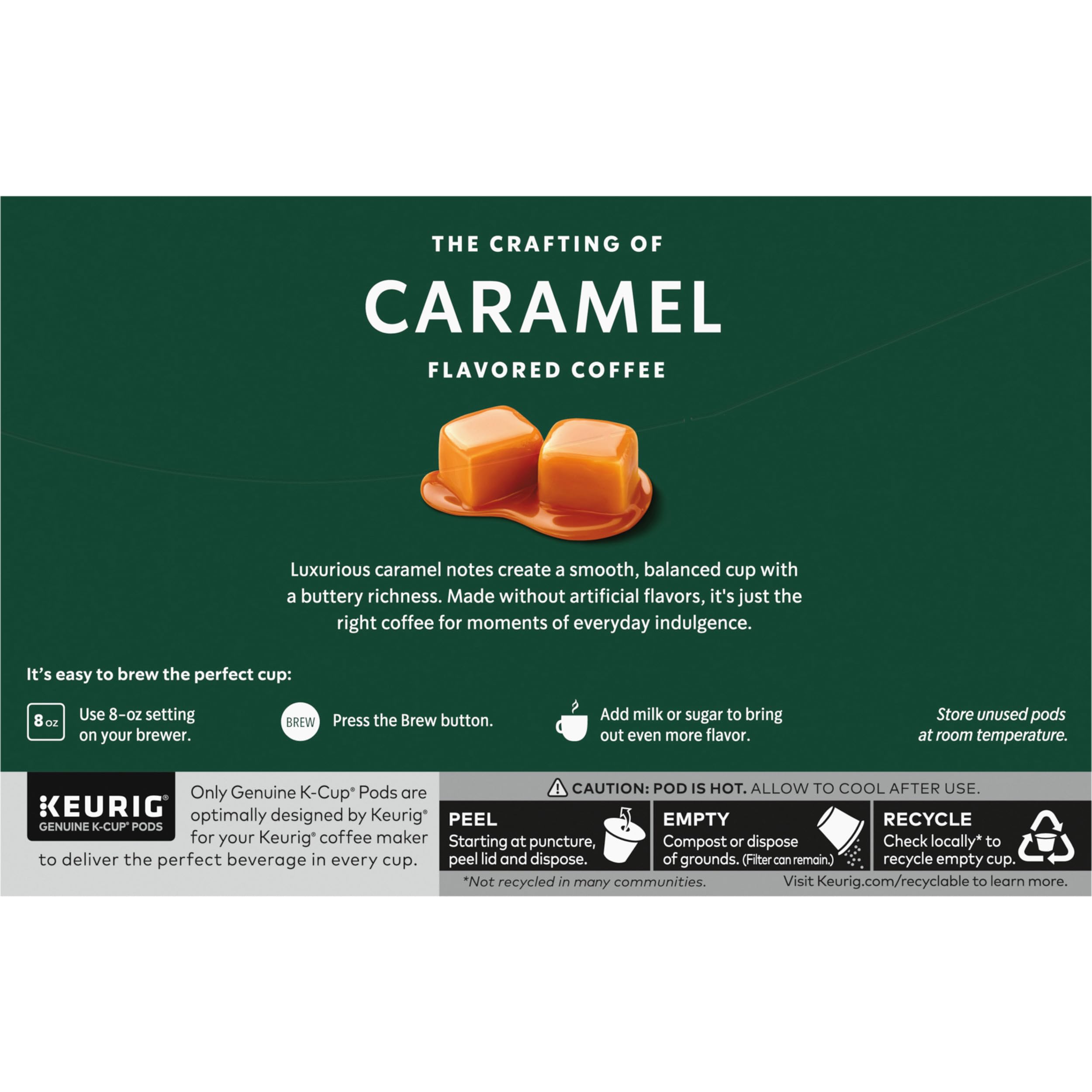 Starbucks Caramel Flavored K-Cup pod label design signals premium quality.