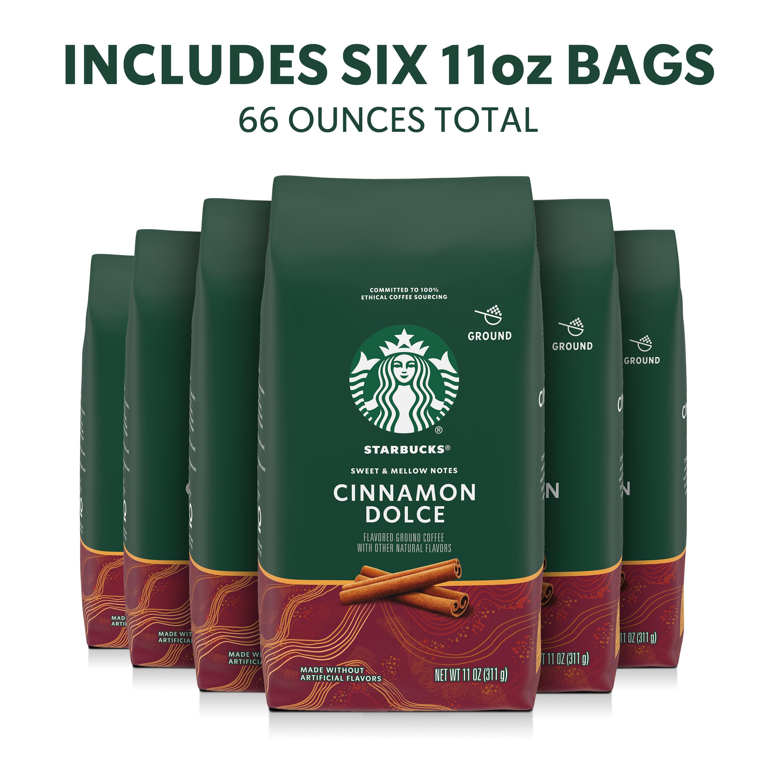 Closeup of Starbucks Cinnamon Dolce ground coffee bags for easy home brewing.