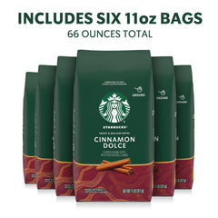 Closeup of Starbucks Cinnamon Dolce ground coffee bags for easy home brewing.