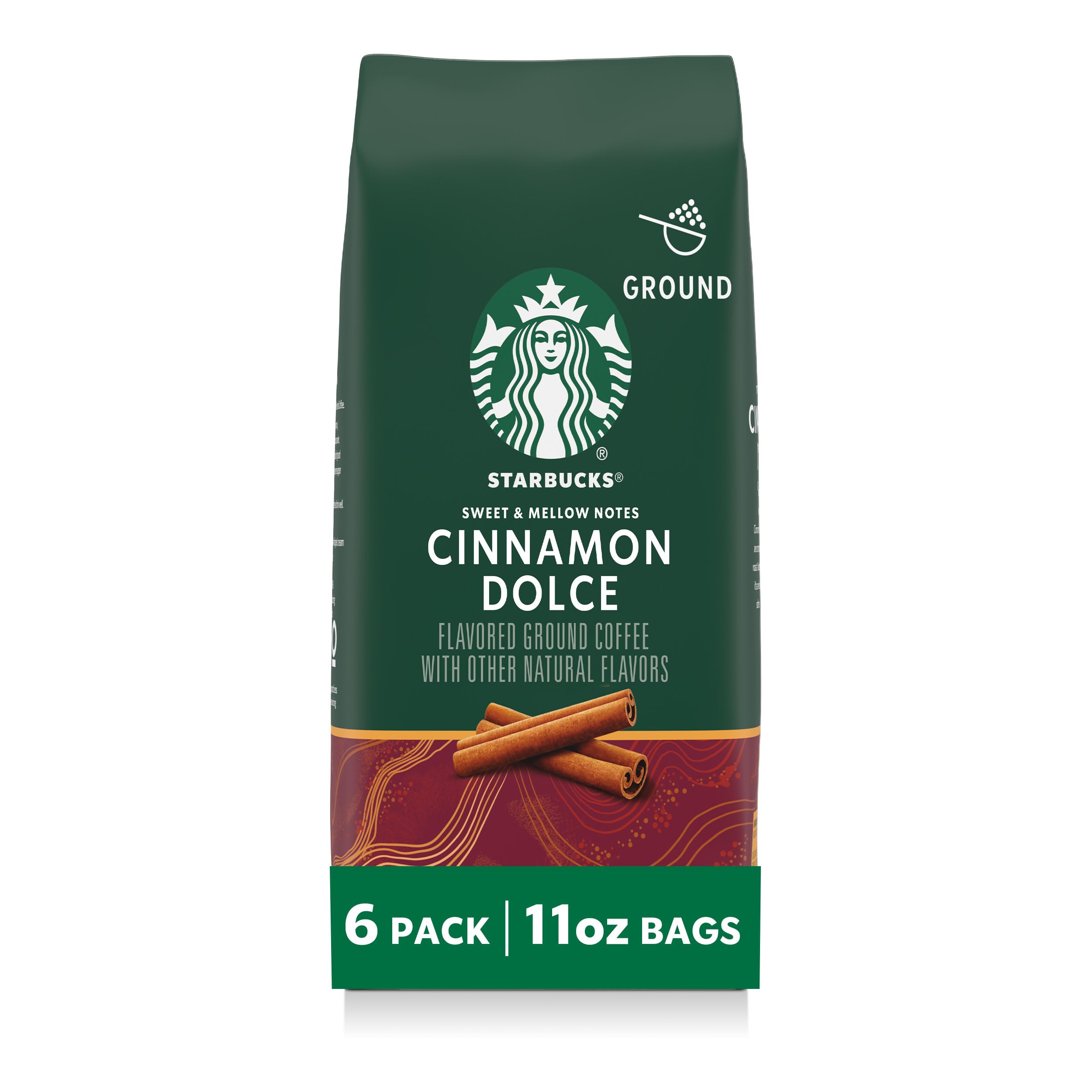 Starbucks Cinnamon Dolce ground coffee bags stacked for home brewing.