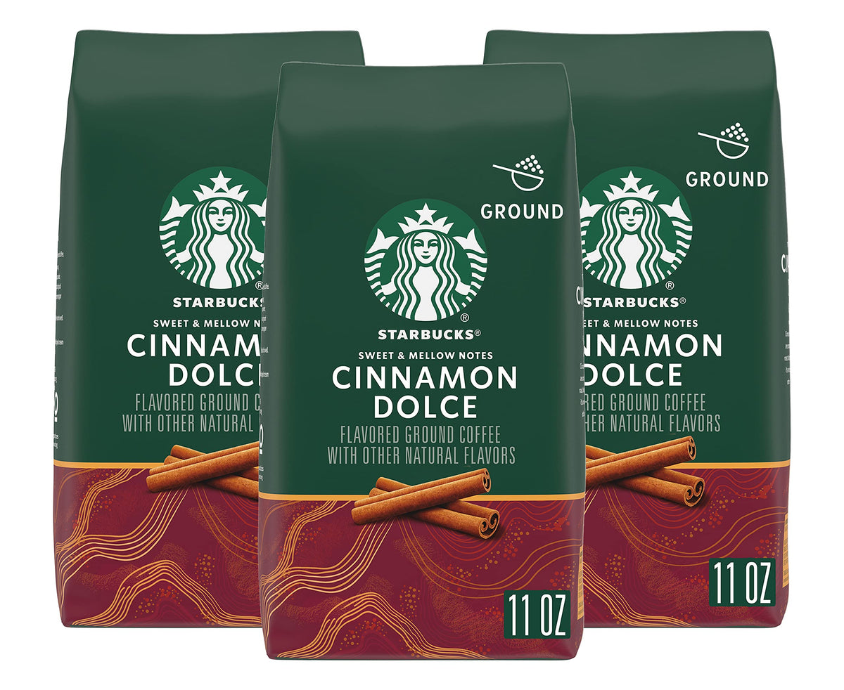 Starbucks Cinnamon Dolce ground coffee label highlighting blonde roast flavor for mornings.