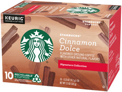 Brewer with Starbucks Cinnamon Dolce K-Cup pod for fast morning fix.