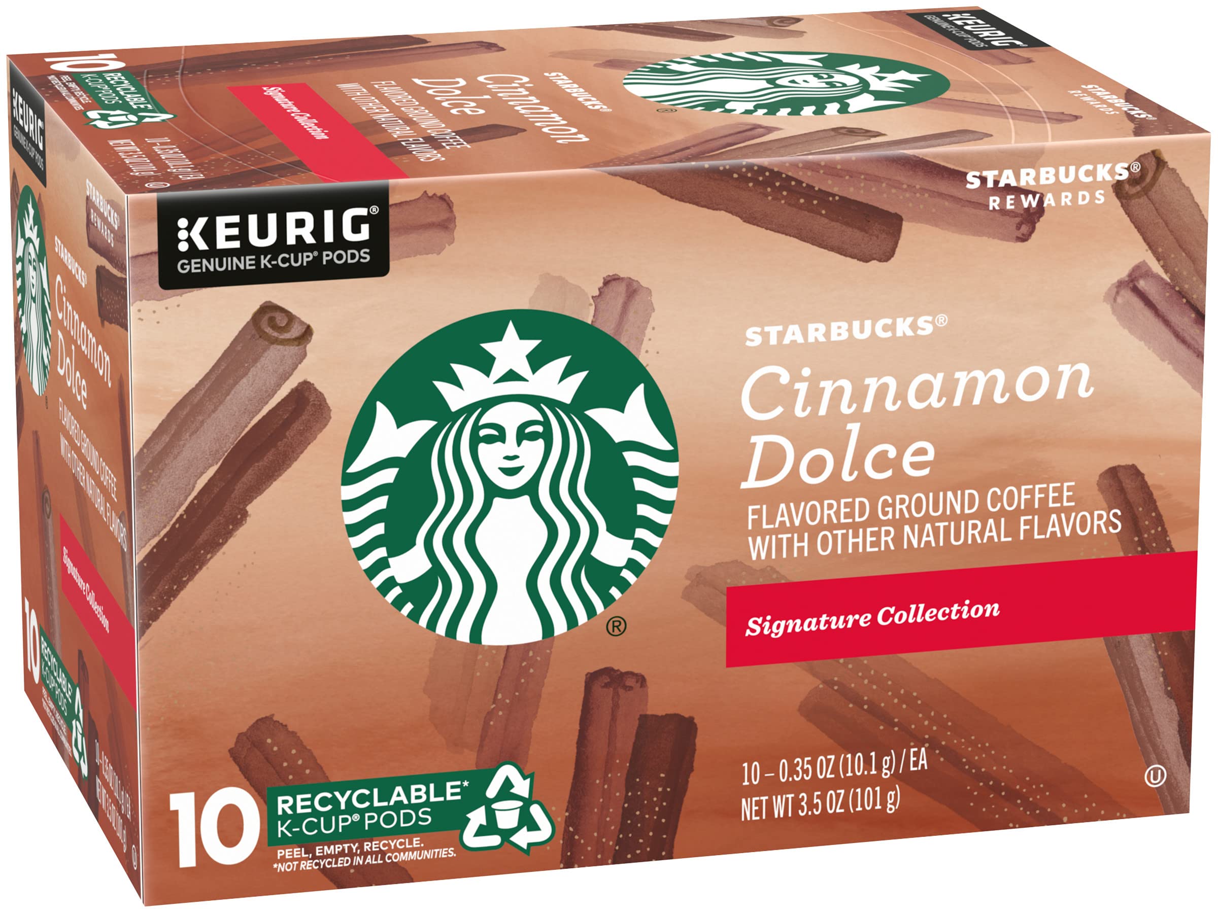Starbucks Cinnamon Dolce K-Cup pods on a shelf for convenient single-serve portions.