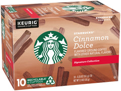 Starbucks Cinnamon Dolce K-Cup pods on a shelf for convenient single-serve portions.