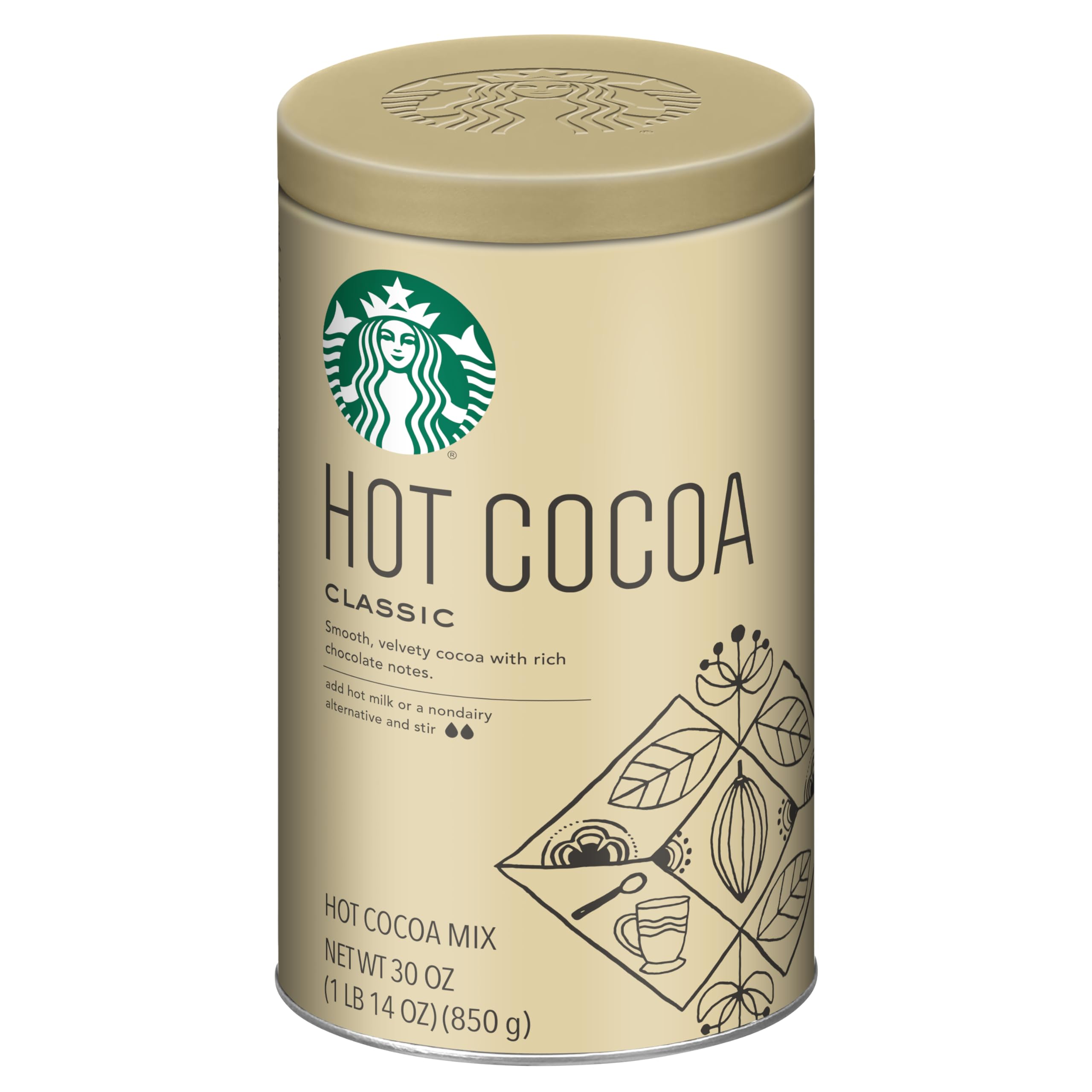 Starbucks Classic Hot Cocoa 30-ounce tin front view for cozy gatherings.