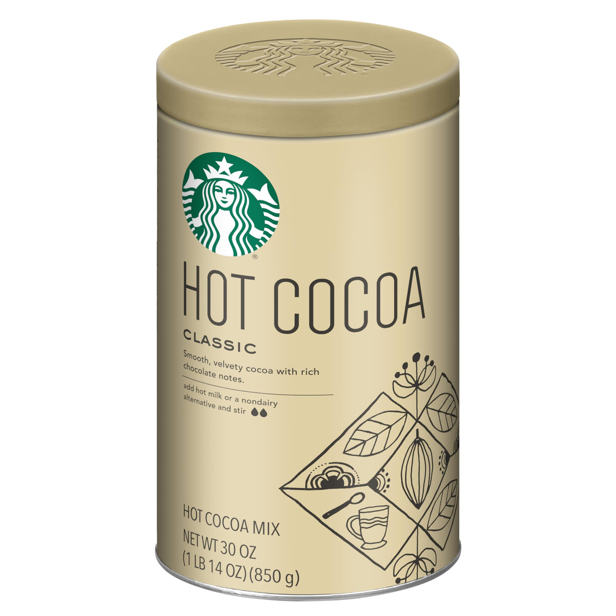 Starbucks Classic Hot Cocoa 30-ounce tin front view for cozy gatherings.