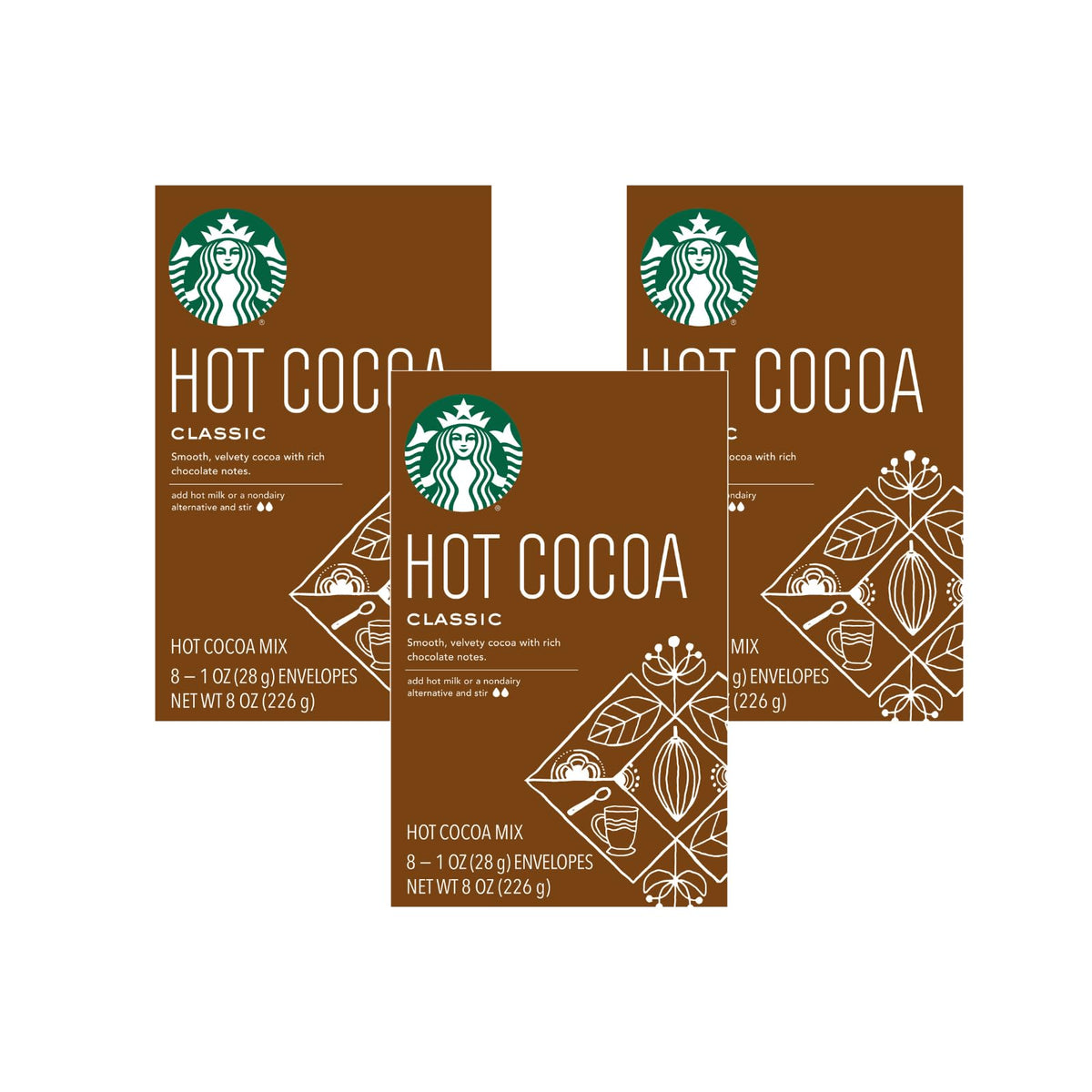 Starbucks Classic Hot Cocoa box showing a convenient 3-pack for cozy moments