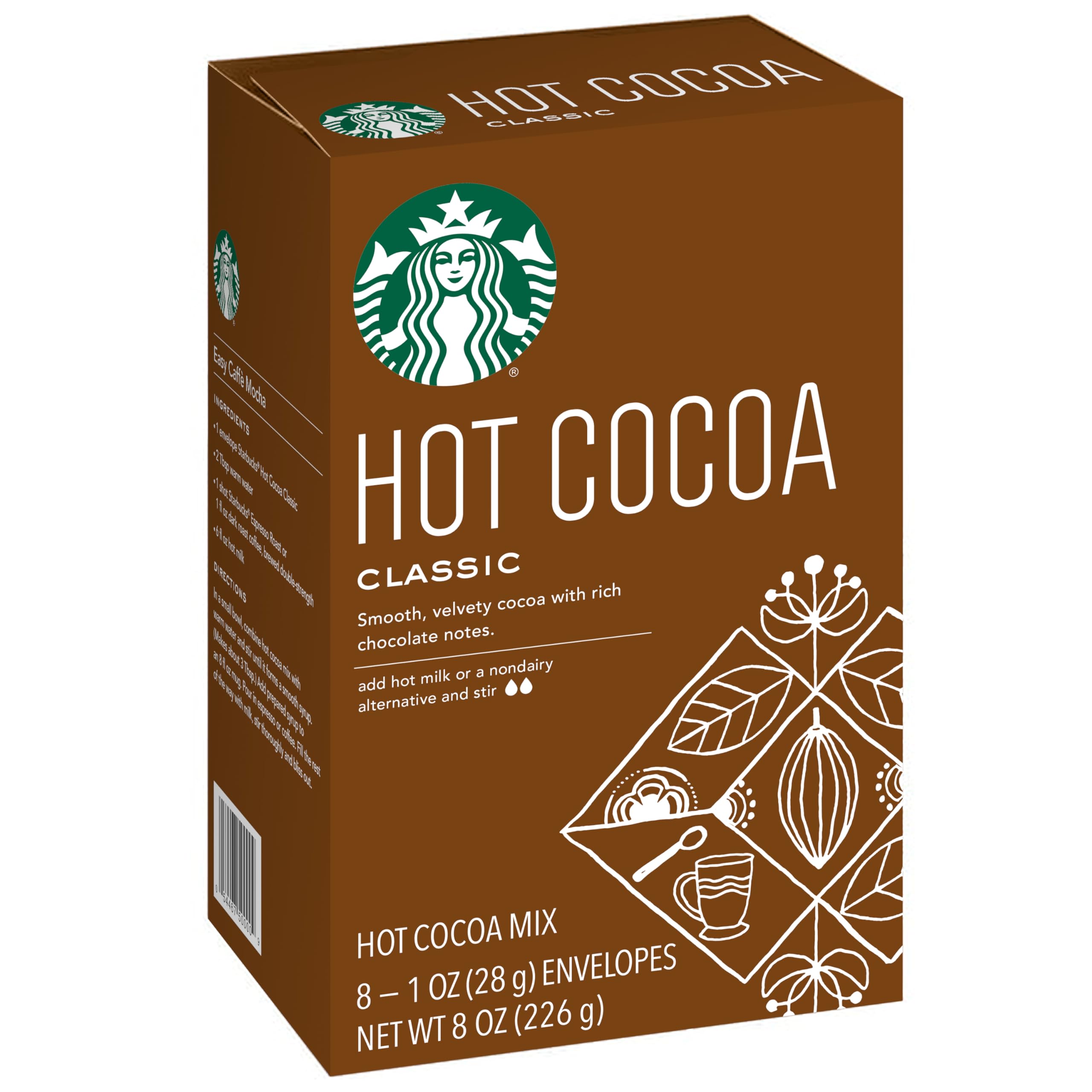 Steaming mug of Starbucks Classic Hot Cocoa with a rich, velvety aroma