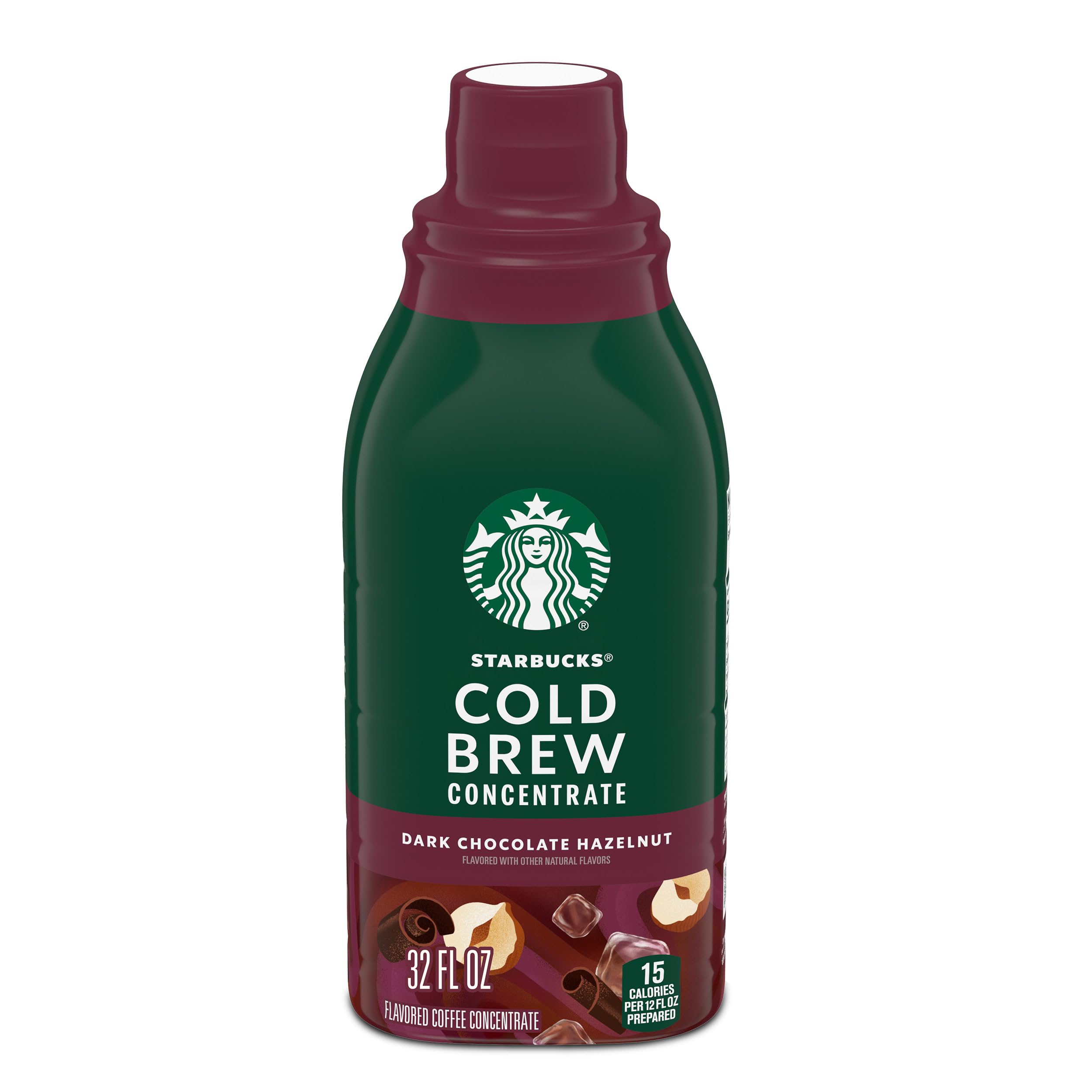 Starbucks Cold Brew Concentrate bottle front showing dark chocolate hazelnut flavor.