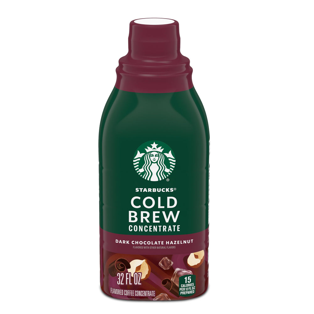 Starbucks Cold Brew Concentrate bottle front showing dark chocolate hazelnut flavor.
