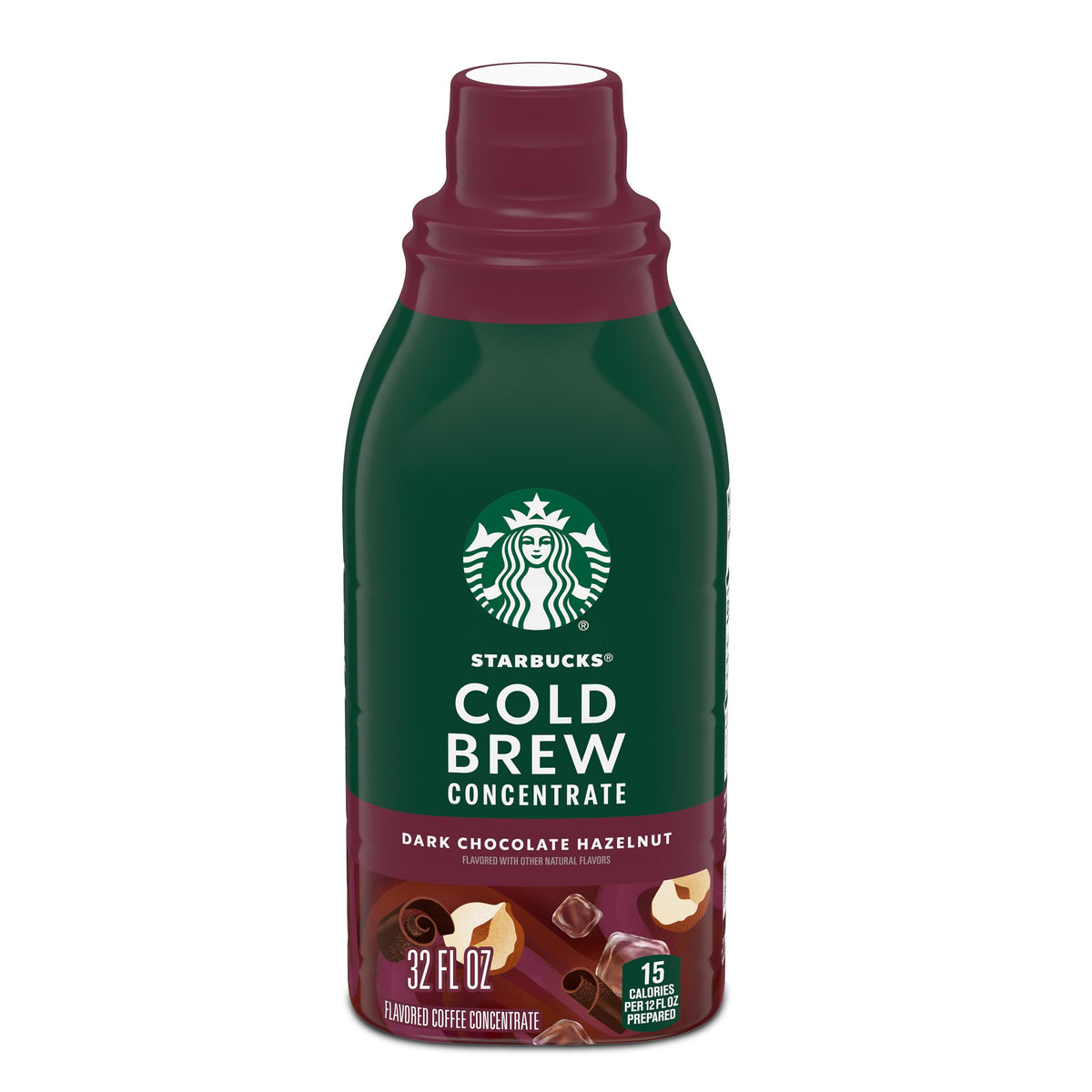 Starbucks Cold Brew Concentrate bottle front showing dark chocolate hazelnut flavor.
