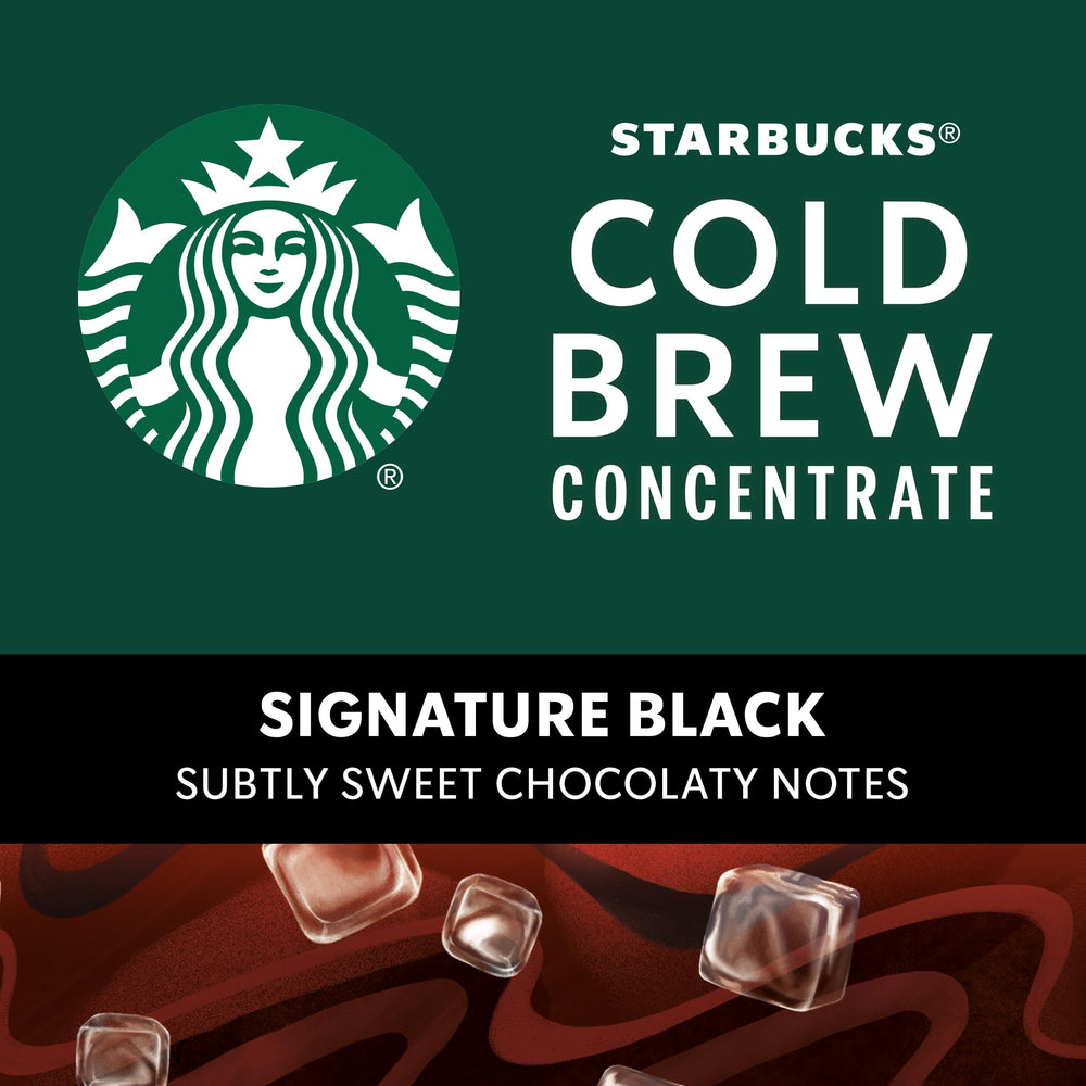 Front view of Starbucks Cold Brew Concentrate Signature Black bottle on a kitchen counter.