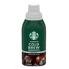 Starbucks Cold Brew Concentrate Sweetened Signature Black bottle on a counter for easy at-home iced coffee.