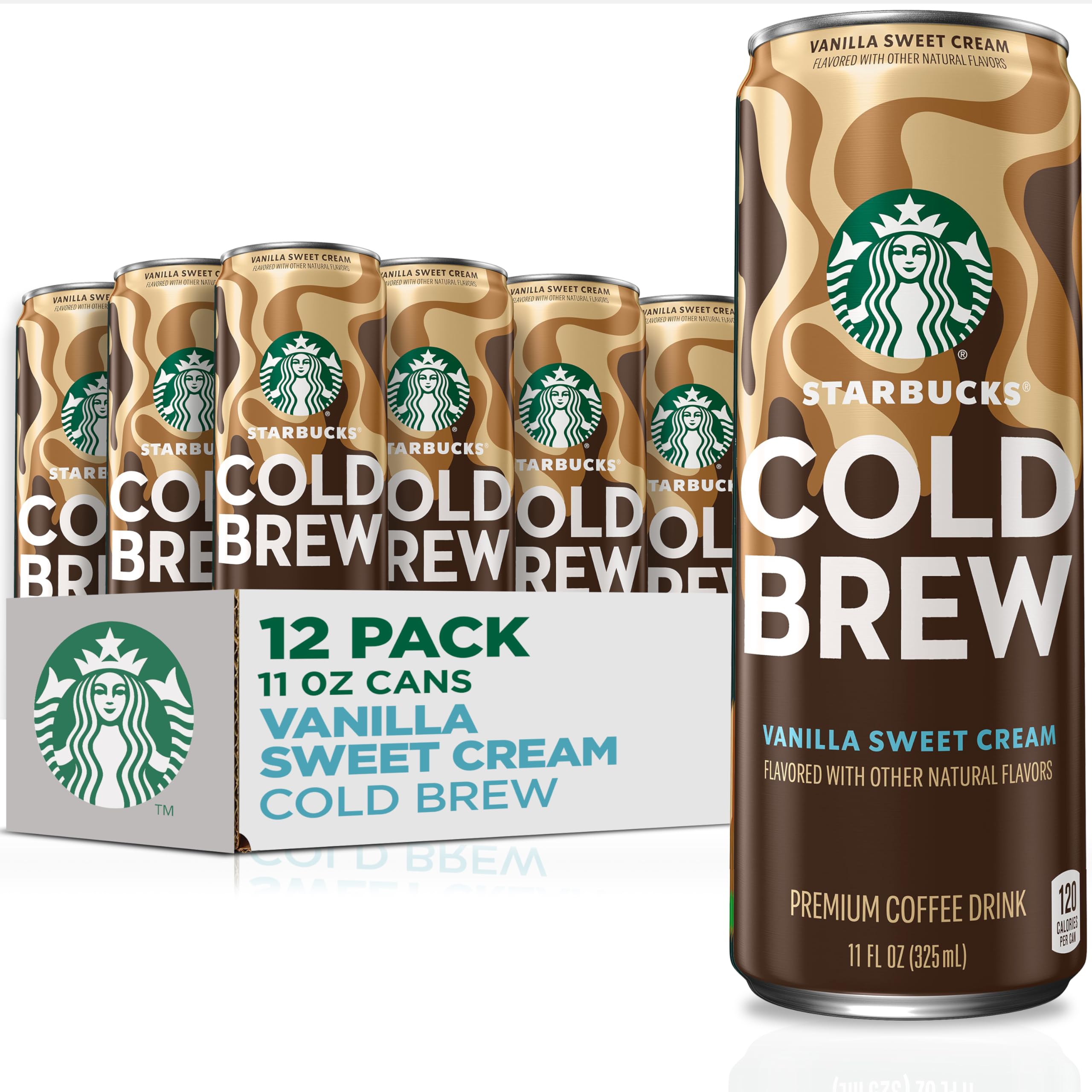 Starbucks Cold Brew Vanilla Sweet Cream 11oz cans on a table ready to chill.