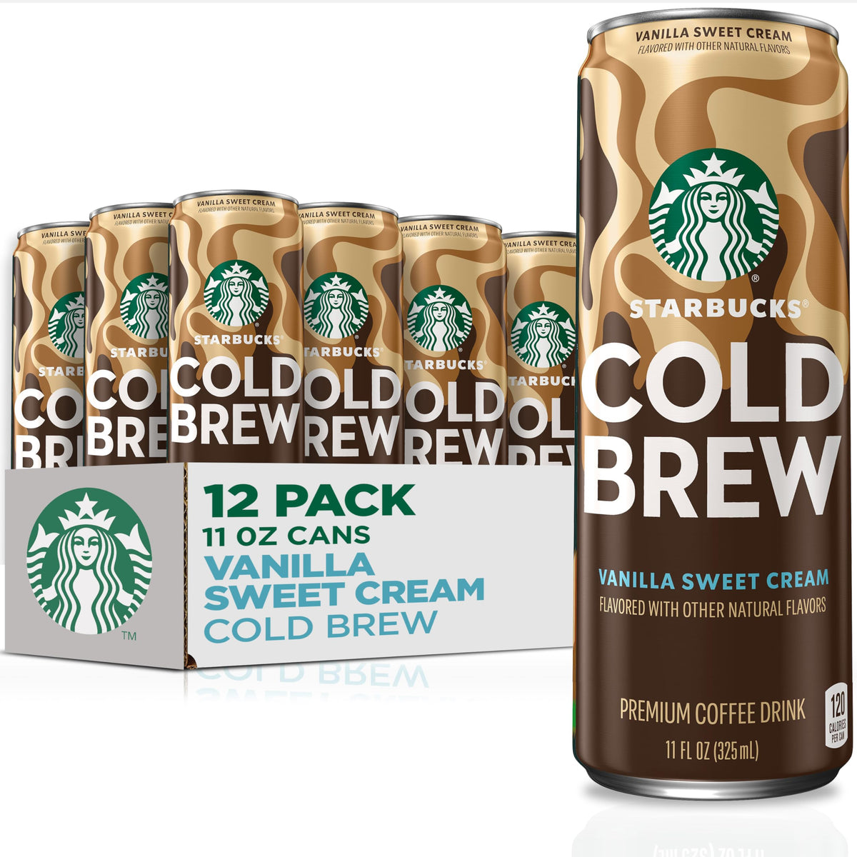 Starbucks Cold Brew Vanilla Sweet Cream 11oz cans on a table ready to chill.