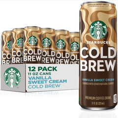 Starbucks Cold Brew Vanilla Sweet Cream 11oz cans on a table ready to chill.